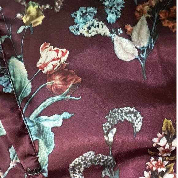 Burgundy Floral Medium High Collar Zip Front Cottagecore Classic Puffer Vest - Picture 2 of 5
